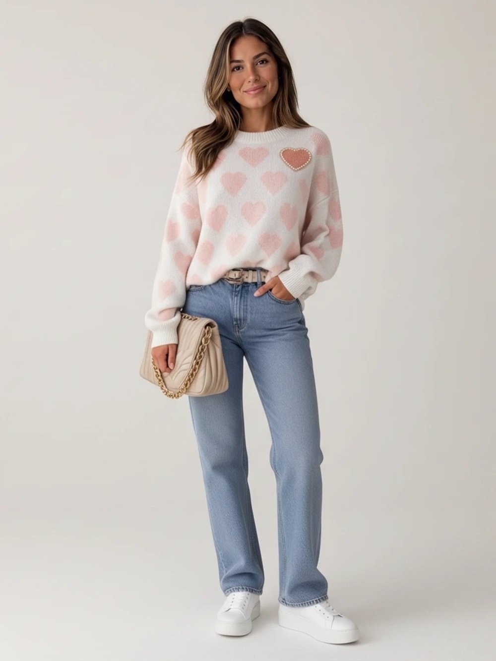 Vince Camuto Heart Pearl Sweater Ivory Pink Knit Pullover Small